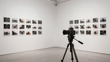 Wide panoramic shot of a clean, minimalist photography studio, large-format camera on a tripod in the foreground, proofs on magnetic walls in the background, soft diffused daylight, neutral color palette.