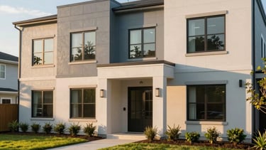 A professional architectural photograph of a well-maintained, modern residential co-living property in Maryland, North American / US. The building features clean lines and a welcoming front entrance. The lighting is warm golden hour sun, casting soft shadows across the manicured lawn. The palette includes muted blue-gray and soft sage green, conveying a sense of reliability, safety, and modern comfort.