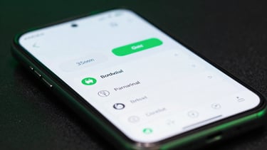 Macro shot of a high-fidelity Android mobile UI mockup on a physical device, cool studio lighting with subtle green neon accents, sharp details, shallow depth of field, 35mm