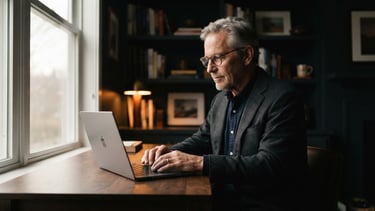 Warm editorial portrait photography of a senior advisor in a minimalist home-office, soft side window light, deep shadows, dark tones, looking at a laptop, 50mm