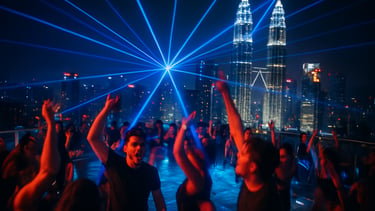 Rooftop pool deck party at night, Kuala Lumpur skyscrapers in background, sharp blue laser beams