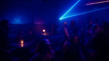 Chicago lounge at night, low blue lighting, cozy leather booths, ambient glow, intimate crowd sways