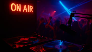Nocturnal radio broadcast studio, glowing red ON AIR sign, vinyl turntables with neon reflections
