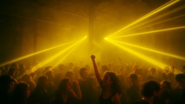 Moody industrial warehouse party, yellow strobe lights cutting through thick haze, crowd dancing