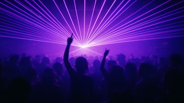 Washington DC club night, intense violet laser tunnels, packed dance floor, silhouettes of dancers