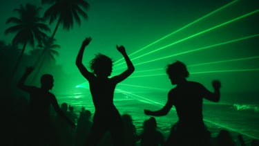 Silhouettes of dancers on a misty tropical beach at night, green lasers scanning the waves, heavy grain