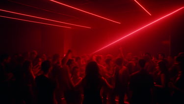Sleek VIP lounge, ambient crimson lighting, stylish crowd gathered around a small dance floor