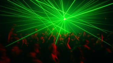 Dark Las Vegas warehouse club, intense green laser grid, crowd of dancers in motion blur