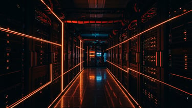 Wide panoramic shot of an abstract server array in a dark data center, moody low-key lighting with sharp orange neon light trails reflecting on metallic surfaces, high contrast, 35mm lens