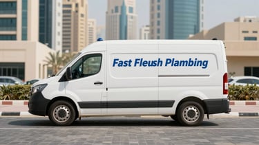 Straight-on architectural shot of a branded Fast Flush Plumbing service vehicle parked in a structured Dubai Maritime City lot, bright clinical daylight, clean lines