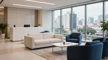 A wide-angle professional photograph of a modern, clean South American / Brazilian corporate office lobby. The scene features minimalist furniture in off-white and dark blue, with soft natural lighting and a large window showing a blurry city view of São Paulo. The atmosphere is sophisticated and welcoming.