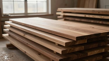 Wide panoramic 21:9 shot of monumental walnut wood slabs stacked horizontally in a quiet workshop, soft morning light filtering through high windows, dust motes visible, shallow depth of field