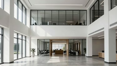 Bright modern architectural photography of a minimalist office lobby in San Jose, cool desaturated tones, indirect daylight, 35mm lens
