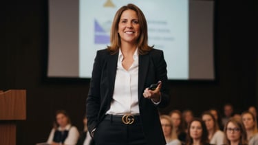 Amy McArdle, PhD, Hudson Valley leadership coach/real estate advisor speaking on stage about mindset