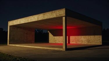 Cinematic film photography, wide shot of a modern architectural concrete pavilion under a starry night sky, sharp geometric shadows, deep red accent light.