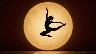 Cinematic film photography, dramatic silhouette of a dancer leaping mid-air against a massive circular golden light source, dust particles visible in the air.