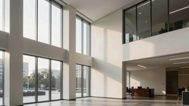Professional minimalist office lobby in a North American city, featuring large glass windows, clean off-white walls, and charcoal gray accents. Soft morning light, architectural photography style, wide-angle composition.