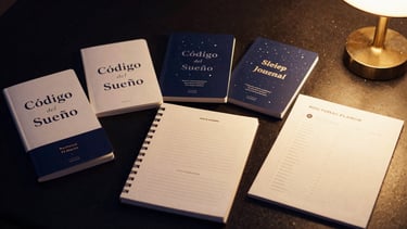 High-end digital mockups of the 'Código del Sueño' kit components: a premium ebook, five audio guides, a sleep journal, a nocturnal planner, and an printable checklist, all arranged elegantly on a dark surface with warm golden highlights, evoking a starry night, shallow depth of field, 35mm.