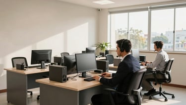 A wide-angle photography of a clean and modern tele-service office in South American / Brazilian setting. Two professional agents are sitting at ergonomic desks with modern headsets, working in a space featuring off-white walls, charcoal furniture accents, and soft, natural morning light coming through large windows.