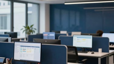A high-end photography of a modern engineering office in the La Défense district of Paris, Western European / French setting. The scene features a clean, professional workspace with glass partitions and sophisticated lighting. In the background, out-of-focus computer screens show project management dashboards. The color palette is dominated by dark blue and medium blue with off-white architectural highlights, conveying strategic reliability.