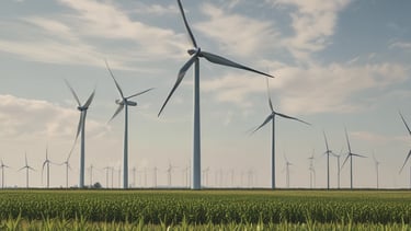 Solar panels and wind turbines set against a clear blue sky
