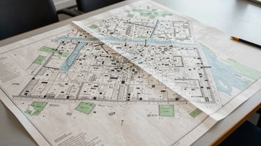 Overhead flatlay of large-format institutional map spreads arranged on a council planning table, even north-facing daylight, paper grain and ink saturation visible, cartographic annotation marks in pencil at the margins, no people