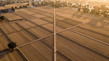 High-altitude cinematic drone photograph of structured land plots in Goverdhan, clear boundary lines laid out, warm golden hour light casting long shadows, Yamuna region