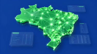 Stylized abstract map of Brazil with interconnected data points glowing in neon green, overlaid with translucent dashboard elements showing electoral intelligence, against a royal blue background, with glassmorphism effect.