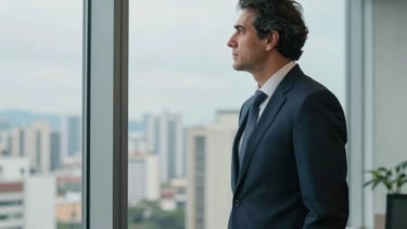 A sophisticated South American business setting in São Paulo, featuring a professional mentor looking out from a high-rise office window. The room is filled with soft natural light, reflecting tones of medium blue and pale blue. The composition is clean and modern, evoking a sense of renewed professional opportunity and empowerment.