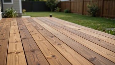Wide environmental shot of a freshly installed hardwood deck set within a real residential garden, photographed in afternoon daylight — the deck boards running diagonally into the frame, grain clearly visible, surrounding lawn and fence in soft focus behind, no people, no furniture