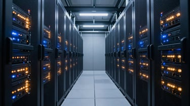 Deep perspective wide shot of an empty cold-aisle datacenter corridor, server racks line both sides, glowing amber and blue status LEDs, sharp focus, industrial photography
