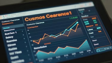 Macro close-up of a high-tech logistics dashboard screen displaying customs clearance analytics and real-time transit graphs, cool blue and orange UI accents, shallow depth of field.