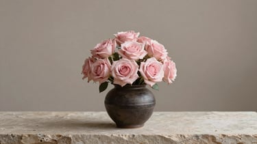 Minimalist editorial photography of a sculptural arrangement of pale pink roses in a dark ceramic vessel, placed on a raw stone ledge, soft side-daylight, 35mm