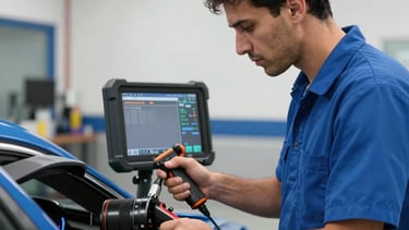 A professional South American automotive technician in a clean, modern workshop, using a professional diagnostic scanner on a car dashboard. The scene features deep blue and white accents, soft natural lighting, and a focused, reliable atmosphere.