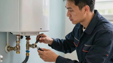 A crisp, professional photograph of an experienced plumber in a dark navy uniform inspecting a modern water heater in a North American / US home. The background features light blue and off-white textures, suggesting a clean and reliable service environment. Soft daylight illuminates the scene, highlighting high-quality craftsmanship.