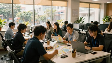 Wide shot of a bustling, modern office in Hanoi, Vietnam, with a diverse team of local travel experts collaborating around a large table, looking at maps and computers. Natural daylight streams through large windows. Warm editorial travel photography style.