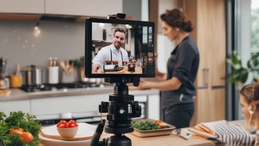 A chef filming a cooking video in a modern kitchen.