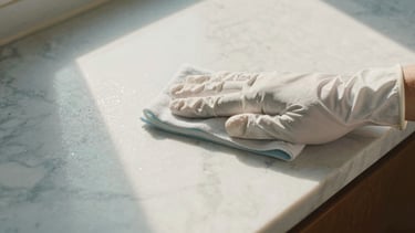 Close-up of a hand in a white glove wiping a polished marble surface, sparkling clean, bright natural daylight, warm tones, 35mm
