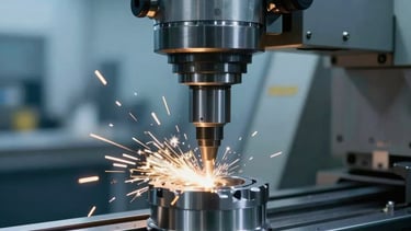 Close-up of a high-precision CNC lathe working on a metallic part in a modern Brazilian industrial workshop. Clean setting with cool blue ambient lighting and warm gold sparks or highlights from the machining process. Professional photography, sharp focus on the precision tool, industrial atmosphere.