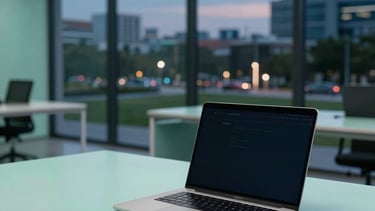 A professional South American / Brazilian office setting with a clean, modern aesthetic. A minimalist desk features a sleek silver laptop and a smartphone. The background shows large glass windows overlooking a tech park at dusk. The lighting is cool with accents of mint green and dark blue, reflecting a high-tech corporate atmosphere.
