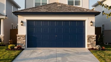 A professional photograph of a modern North American house featuring a pristine dark blue carriage-style garage door. The driveway is clean light gray concrete, and the surrounding yard is neatly landscaped. The lighting is bright and clear golden hour sunshine, emphasizing the durability and expert finish. The setting is a quiet US suburban neighborhood street, conveying trust and premium service quality.