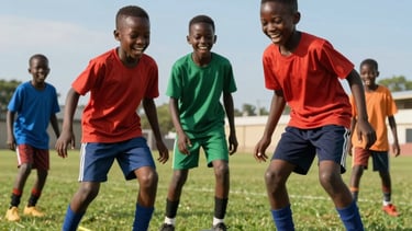 A medium shot of young African / Pan-African kids laughing and practicing football drills on a lush green field under a clear blue sky, capturing a moment of pure joy and potential.