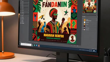 A high-end graphic design workstation showing a large monitor with a colorful African / Pan-African event poster in progress. A professional stylus and tablet are on the desk beside an orange lamp.
