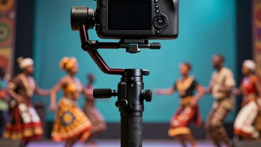 A detailed shot of a professional DSLR camera on a stabilizer, capturing a live cultural dance performance on a stage with teal and steel blue backlighting. African / Pan-African venue.
