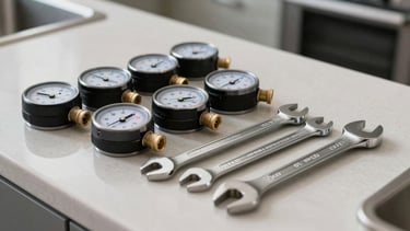 An organized technical tool roll with calibrated meters and wrenches lying on a clean modern kitchen counter.