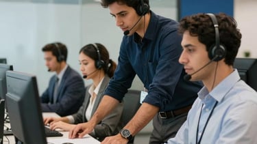 Modern office interior in São Paulo with professional South American staff wearing headsets, engaged in supportive customer service. Bright lighting, clean desks, and a background featuring glass partitions with soft blue and navy blue accents. Professional and efficient atmosphere.