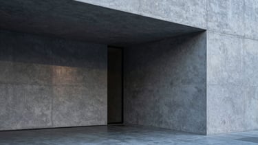 Sleek architectural photography of a modern concrete gallery entrance, sharp geometric shadows, cool ambient light, 35mm