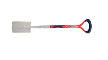 Spear and Jackson professional stainless steel digging spade with an ergonomic red and blue D-handle.