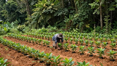 Wide panoramic view of a local farmer organizing native saplings in a rural nursery, natural daylight, rich forest green tones, 35mm lens, authentic documentary style.