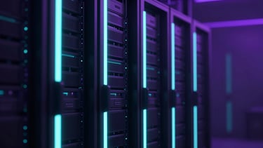 Close-up of server racks illuminated by sharp vertical neon cyan LED lights in an obsidian-black datacenter, dark futuristic 3d render, atmospheric haze
